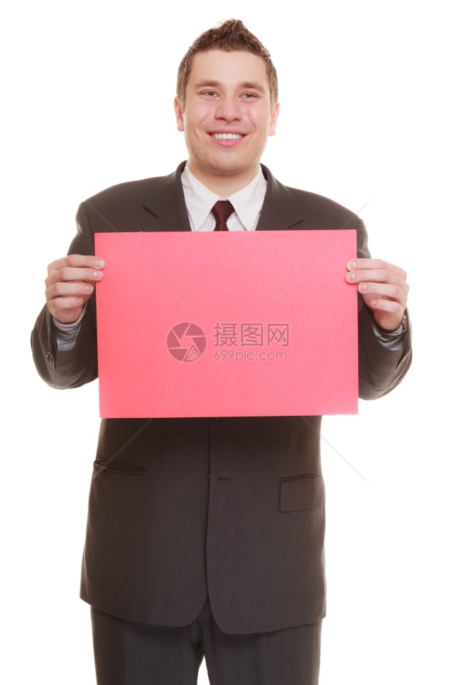 快乐男子持有红色空白副本间的签名用于白色背景上孤立的文本图片