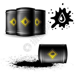 白色背景上孤立的金属油桶大量滴燃料黑色桶中流出的油滴图片