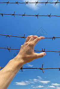 监狱之手和天空背景概念场图片