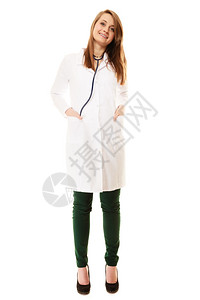 全身穿实验室大衣的妇女白外科听诊医生保健图片