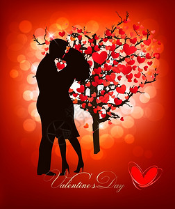 我爱这土地ValentinsDay背景带有亲吻情侣的双影和心形树矢量插画