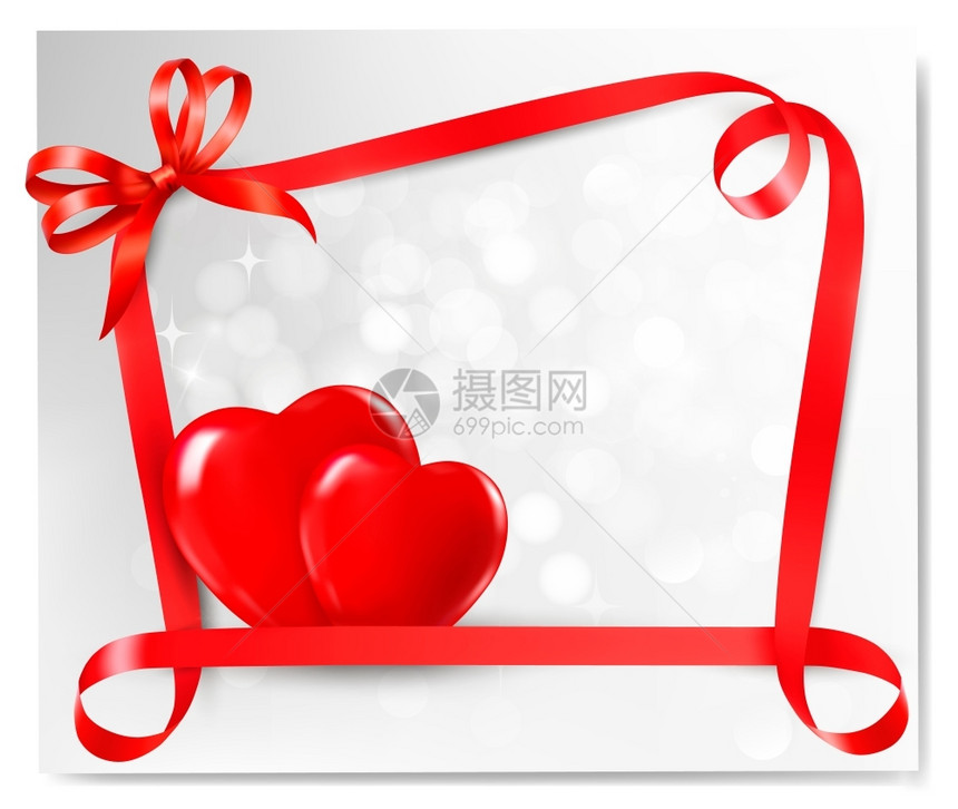 具有两个红心的情人节背景和礼物弓丝带矢量插图图片