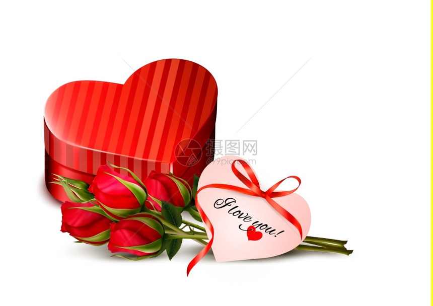 红玫瑰和心形礼物盒图片