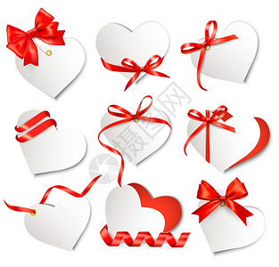 一套带有红礼弓和心的漂亮礼品卡情人节日矢量插图图片