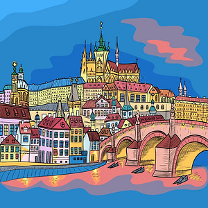 尼苏小镇手绘布拉格城堡矢量草图插画