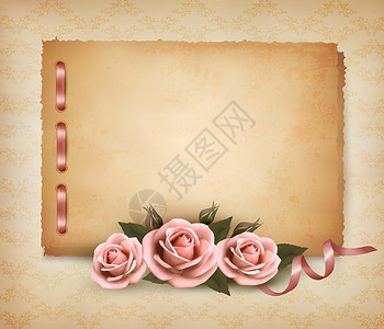 pr相册模板背影景美丽的粉红色玫瑰和旧纸矢量插图背景