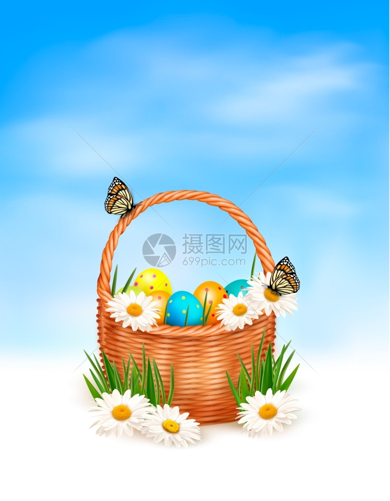 复活节篮子里的鸡蛋和鲜花图片