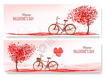 婚礼路引ValentiersDay标语上面有一棵心形树和辆自行车矢量插画