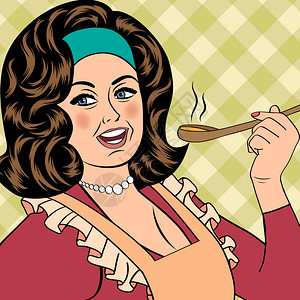 拿着勺子的女人装有围裙尝食美的流行艺术女古代矢量插图插画