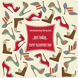 恋物癖Valents日卡上面有鞋子和趣的信息矢量格式插画