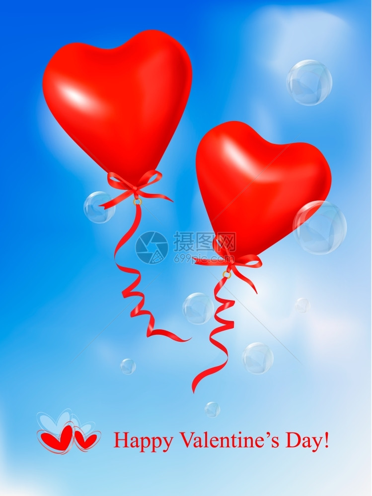 红心气球蓝色天空有丝带情人节背景矢量图片