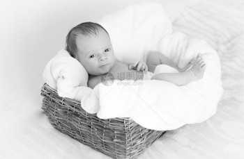 黑白画像可爱的新生婴儿男孩躺在大篮子里图片