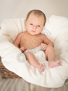 被毛毯覆盖的篮子中坐在里的2个月大婴儿男孩的托面肖像图片
