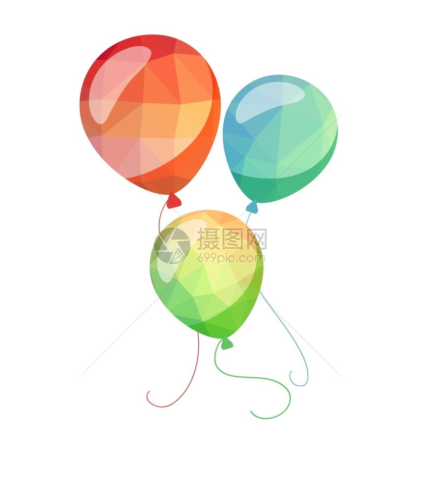 低聚光节日贺卡红蓝和绿色矢量气球图片