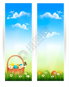 复活节横幅篮子和鲜花装有复活节鸡蛋图片