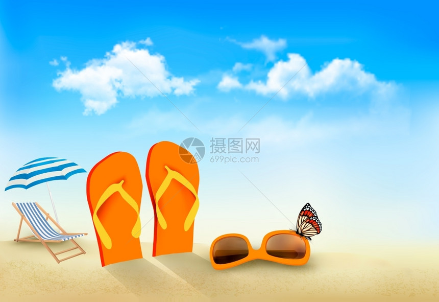 滑坡太阳镜沙椅和海滩上的蝴蝶暑假背景矢量图片