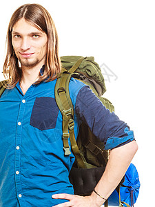 游客背包者肖像暑假旅行中的游客背包者肖像旅行中年轻人背包白种景的孤立图片