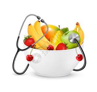 粘核光桃带听诊器的水果健康饮食概念矢量插画