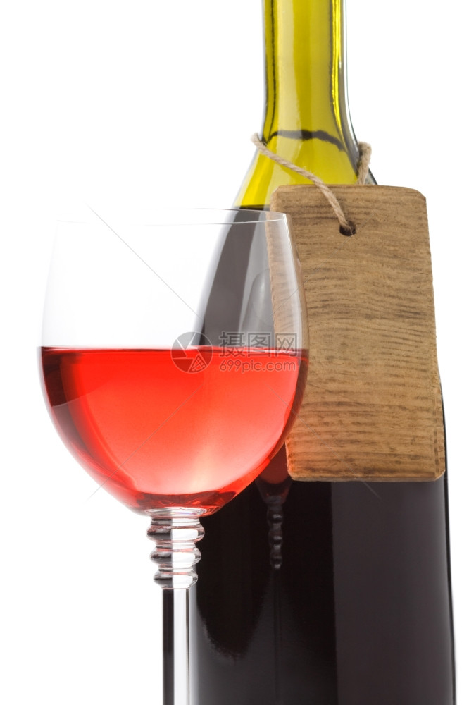 白色背景上孤立的葡萄酒瓶和标签价格图片