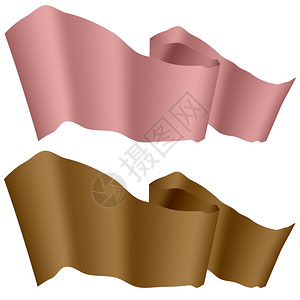 风中飘动的旗子粉和棕丝带孤立于白背景上两条水平曲线宽幅粉和棕丝带背景图片