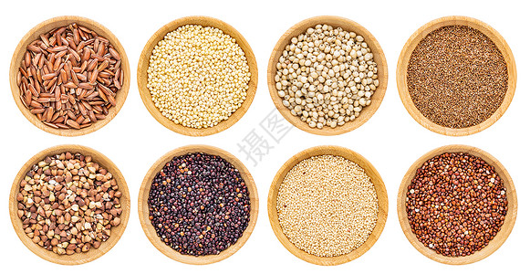 红缨子高粱免费收集谷质黄麦阿马拉棕米小高梁茶黑和红奎诺阿孤立木碗的最高视图背景