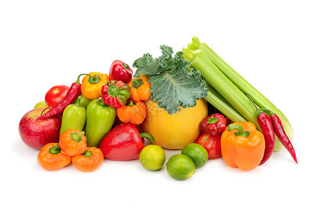 白色隔离的新鲜水果和蔬菜图片