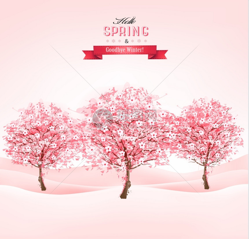 春天树林茂盛的粉红色樱花矢量背景图片