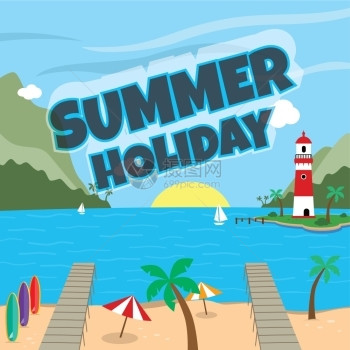 卡通暑假主题沙滩度假矢量艺术插图图片