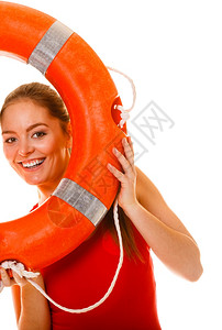 带环状浮标的救生员玩得开心带环状浮标的救生员快乐女人开心预防意外事故图片