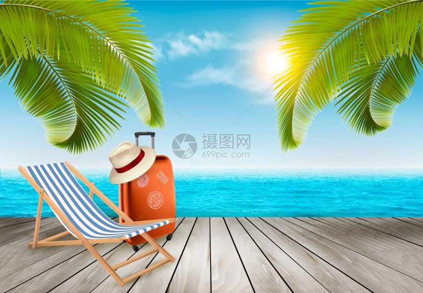 度假棕榈树海滩蓝天大海矢量背景图片