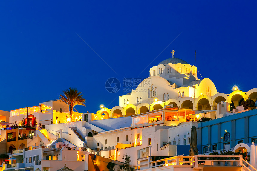 希腊爱琴海岛现代首府菲拉东正教大都会堂圣托里尼清晨蓝色希腊图片