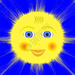闪亮的黄太阳图标在蓝色背景上孤立闪亮的黄太阳图标图片