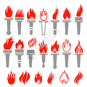 红色火焰图标白色背景上孤立的一套火炬图标背景