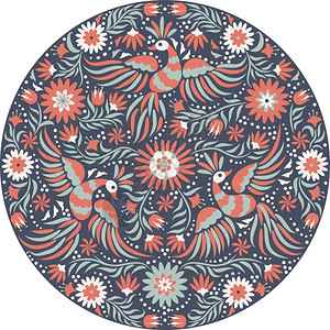 裸背美女墨西哥的刺绣圆形图案红的和背民族图案鸟和花的深色背景带有明亮民族装饰品的花背景插画