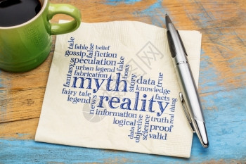 与现实的词云相对神话和现实词云用咖啡杯在餐巾纸上的笔迹图片