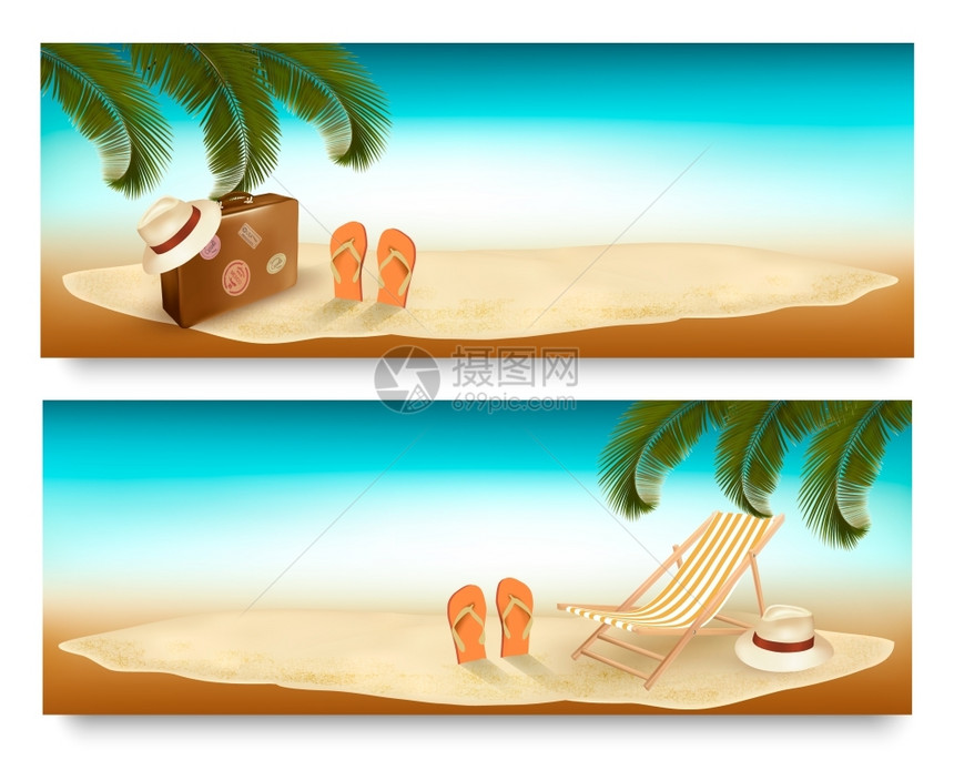 热带岛屿有棕榈树沙滩椅和手提箱度假矢量背景图片