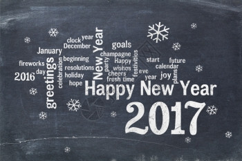 2017年新快乐乌云黑板上的白粉文字贺卡背景图片