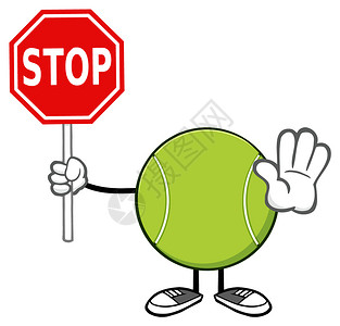 网球无面卡通马斯科特字符显示和持有一个停止信号图片