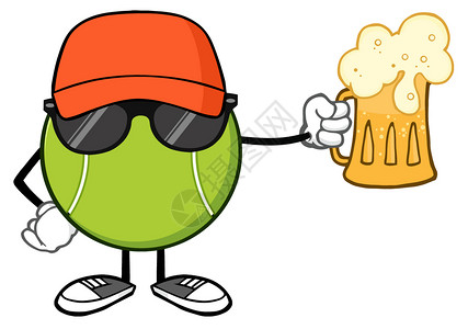 网球无面卡通漫画带有盛帽和太阳眼镜的装有啤酒面罩和墨镜马斯科特字符图片