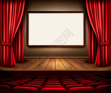 剧院舞台红幕座位和项目板矢量图片