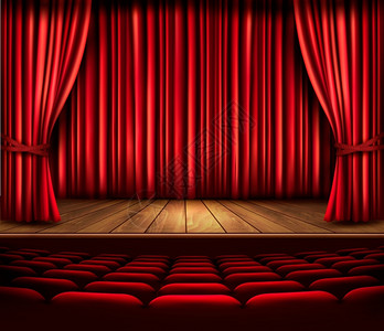 红窗帘座位和聚光灯的剧院舞台矢量图片