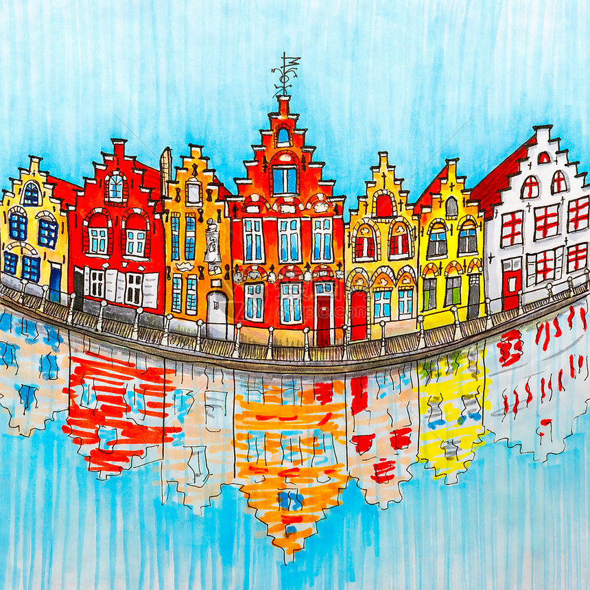 比利时布鲁日运河的景象城市和美丽的中世纪房屋图片