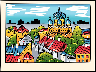 图姆贝亚山丘有堡垒墙塔台和俄罗斯东正教亚历山大内夫斯基教堂从圣奥拉夫教堂塔台看肖像风格爱沙尼亚塔林插画