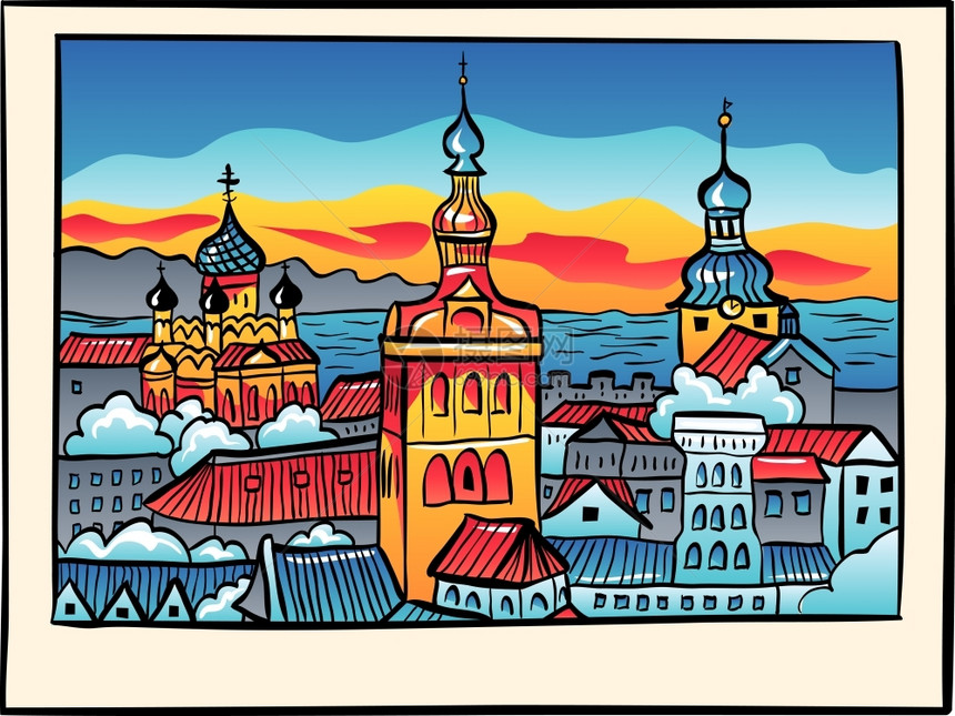 中世纪旧城在日落时以素描风格与圣尼古拉教堂玛丽大和亚历山大内夫斯基教堂一起照亮爱沙尼亚塔林Tallinn图片