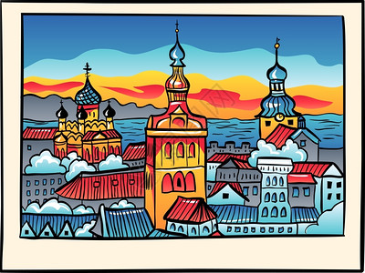 中世纪旧城在日落时以素描风格与圣尼古拉教堂玛丽大和亚历山大内夫斯基教堂一起照亮爱沙尼亚塔林Tallinn插画