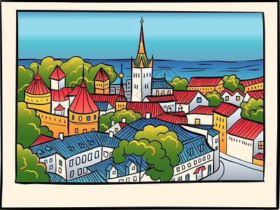 油膏中世纪老城圣奥拉夫浸信会教堂和塔林城墙草图风格爱沙尼亚塔林插画