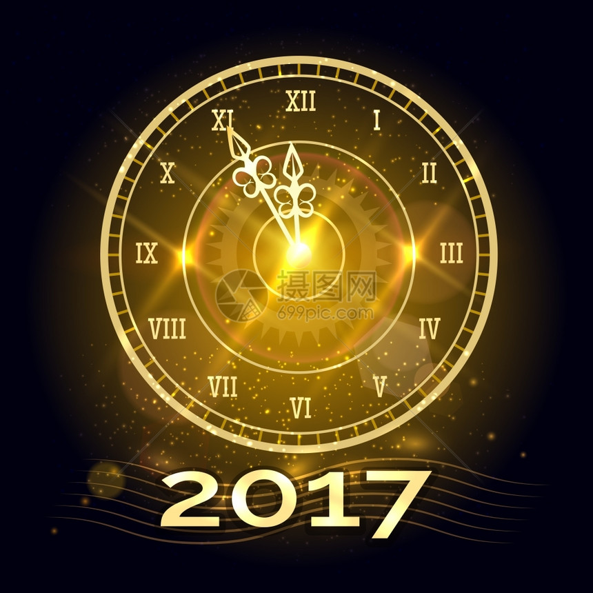 新年时钟快乐年金色快乐时钟矢量背景图片
