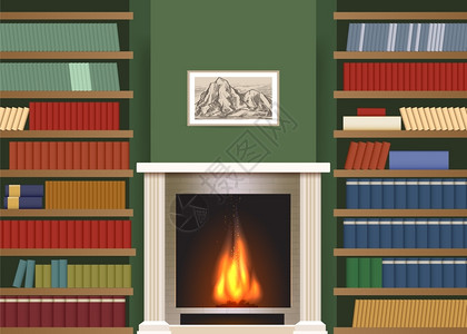 带有书架的古老内装室带有书架和壁炉矢量插图的客厅图片