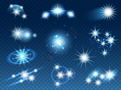 白色闪耀光辉透明光效应亮星和蓝色背景的闪光插画