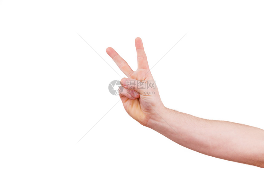 男手举起拇指好的胜利手势和白背景上的肢体语言图片